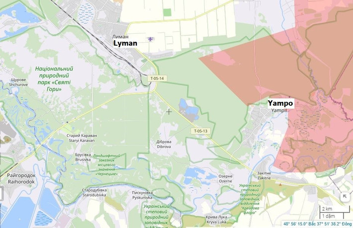 Xa hơn về phía nam, giao tranh vẫn tiếp diễn để giành các cứ điểm dọc theo trục đường quốc lộ Lyman-Yampol. Quân Nga đã kiểm soát hoàn toàn ngôi làng Yampol, khu vực rừng rậm phía nam làng, và một khu vực gần sông Seversky Donets.