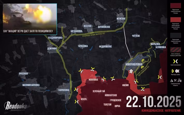 Theo kênh Readovka, Cụm Vostok RFAF đang tăng tốc tấn công Novopavlovka thuộc tỉnh Dnipropetrovsk, trong khi quân Ukraine đang rút lui về phía sau sông Solena. Cụ thể, các đơn vị thuộc Tập đoàn quân Cận vệ 41 Cụm Vostok đã chọc thủng được tuyến phòng thủ vòng ngoài của Novopavlovka và tiến vào khu định cư lớn này từ phía nam.
