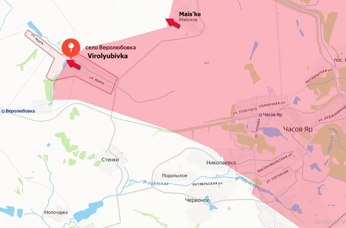Trên cùng hướng tiến công, quân Nga cũng tiến vào một ngôi làng khác có tên Verolyubovka. Ngôi làng này nằm cách Mais'ke hơn 3 km. Khu vực phía đông nam và trung tâm Virolyubivka (Verolyubovka), hiện đã nằm dưới sự kiểm soát của RFAF.