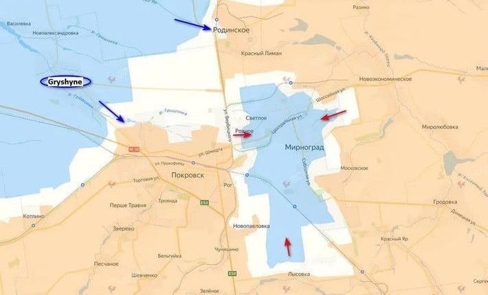 Tại khu vực tây bắc thành phố Pokrovsk, theo Bộ Quốc phòng Nga, Tập đoàn quân 2 của Cụm quân Trung tâm đang tiếp tục tấn công đột phá vào làng Gryshyne (Grishino). Tuy nhiên, chưa có thông tin nào cho thấy quân Nga đã chiếm được ngôi làng này.