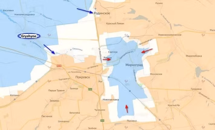 Tại khu vực tây bắc thành phố Pokrovsk, theo Bộ Quốc phòng Nga, Tập đoàn quân 2 của Cụm quân Trung tâm đang tiếp tục tấn công đột phá vào làng Gryshyne (Grishino). Tuy nhiên, chưa có thông tin nào cho thấy quân Nga đã chiếm được ngôi làng này.