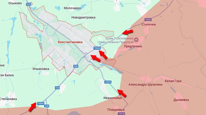 Giao tranh cũng đang diễn ra tại khu vực nhà dân ở ngoại vi Kostiantynivka, nơi các nhóm bộ binh nhỏ của RFAF trước đó đã tìm cách xâm nhập. Một số đơn vị đang tiến đến nhà ga, nơi có cây cầu lớn nhất thành phố bắc qua sông Krivoy Torets. Về phía đông thành phố, họ đã đẩy lùi quân Ukraine khỏi phần lớn Predtechino.