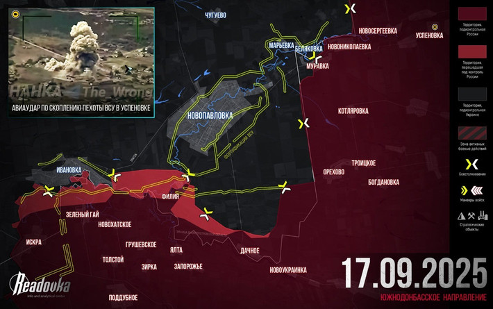 Theo kênh Readovka, RFAF đã bắt đầu chiến dịch phong tỏa khu vực kiên cố của AFU tại Novopavlovka. Hiện quân Ukraine đang triển khai các biện pháp sơ bộ để bao vây thị trấn này. Cụm Vostok RFAF ở Nam Donetsk, đã phát động một cuộc tấn công từ làng Filiya về phía Ivanovka.