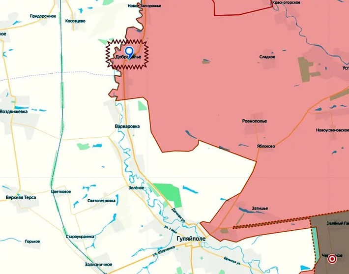 Các đơn vị của Lữ đoàn bộ binh cơ giới Cận vệ 37 thuộc Cụm Vostok của Quân đội Nga (RFAF) đã giành quyền kiểm soát làng Dobropolye, nằm ở bờ đông sông Gaichur, phía bắc thành phố nhỏ Huliaipole (Hulyai-Polye), thuộc phía đông bắc tỉnh Zaporizhzhia.