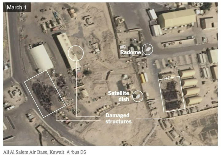 Tình hình tại căn cứ không quân Ali Al Salem cũng rất nghiêm trọng. Nằm ở Kuwait, đây là căn cứ chính cho máy bay Mỹ thả tên lửa và bom xuống lãnh thổ Iran kể từ khi vòng xung đột này bắt đầu. Trong cuộc tấn công ngày 13/3, Iran đã sử dụng kết hợp tên lửa hành trình và tên lửa đạn đạo để phá hủy radar cảnh báo sớm và các cơ sở liên quan, kho nhiên liệu máy bay và hai đường băng sân bay.