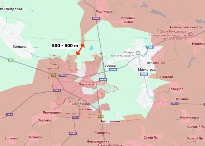 Tuy nhiên, Tập đoàn quân 29 của Nga đã chiếm được ngôi làng Novopavlivka và tiếp tục tràn ngập làng Gnativka ở phía nam khu đô thị Pokrovsk. Tại khu vực khai thác mỏ phía nam Myrnohrad, RFAF đã hoàn toàn kiểm soát ba ngôi làng phía đông khu đô thị Myrnohrad (Balahan, Kozatske, Promin); đây được coi đó là tuyến phòng thủ cốt lõi của AFU.