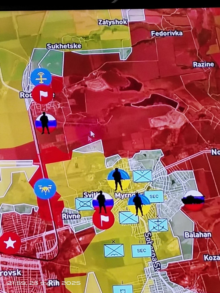 Trong khi đó, lực lượng phối hợp của quân đội và Vệ binh Quốc gia Ukraine tiếp tục tấn công vào phía bắc thị trấn Rodinske và các khu định cư ở phía bắc Pokrovsk. Họ đã giành được chỗ đứng ở vùng ngoại ô phía bắc thành phố và chiếm được thôn Sukhetske, nhưng chịu nhiều tổn thất.