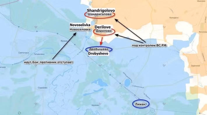 Chưa hết, hệ thống phòng thủ của thành phố Lyman đang bị đe dọa, khi RFAF đã chiếm được làng Shandryholove, phía tây bắc thành phố, và cắt đứt con đường đến Lyman. Tuyến tiếp tế duy nhất còn lại cũng bị đe dọa bởi các cuộc không kích của Nga, khiến việc tiếp tế cho Lyman trở nên khó khăn.
