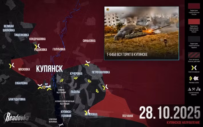 Trên hướng mặt trận Kupyansk, điểm nóng thứ hai trên chiến trường Ukraine, tình hình tương tự như Pokrovsk, khi Cụm quân phía Tây RFAF đã chiếm khoảng 75% đến 80% diện tích đô thị. Quân Ukraine tại đây đang phải vật lộn để giữ vững những khu vực còn lại.