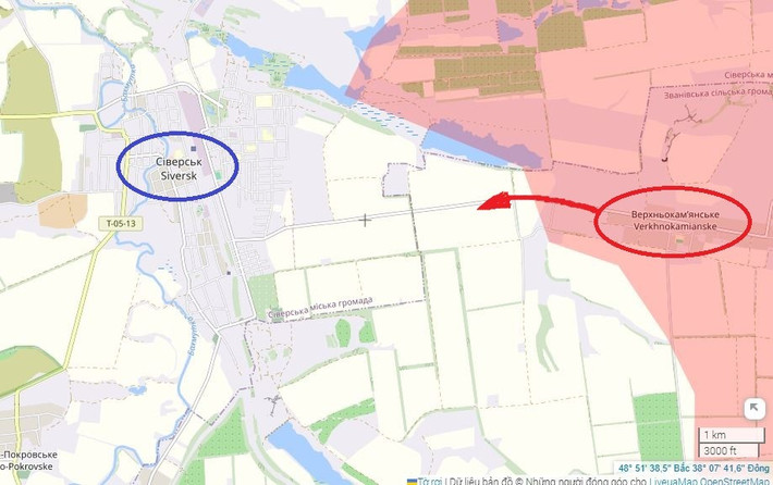 Ngoài ra, Bộ Quốc phòng Nga tuyên bố đã chiếm được làng Verkhnokamyanske, nhưng thực tế ngôi làng đã bị RFAF chiếm đóng từ vài tuần trước; nhưng không rõ tại sao thông báo chính thức lại được đưa ra vào lúc này. Từ bản đồ, có thể thấy RFAF đã tạo thế bao vây Seversk, và áp lực lên thành phố sẽ gia tăng