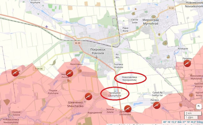 Theo các thông tin của truyền thông châu Âu ngày 23/9, lực lượng Nga ở khu vực phía nam thành phố Pokrovsk, đã chọc thủng thành công hệ thống phòng thủ của Ukraine tại làng Chunyshyne và tiến vào làng Novopavlivka từ phía nam.