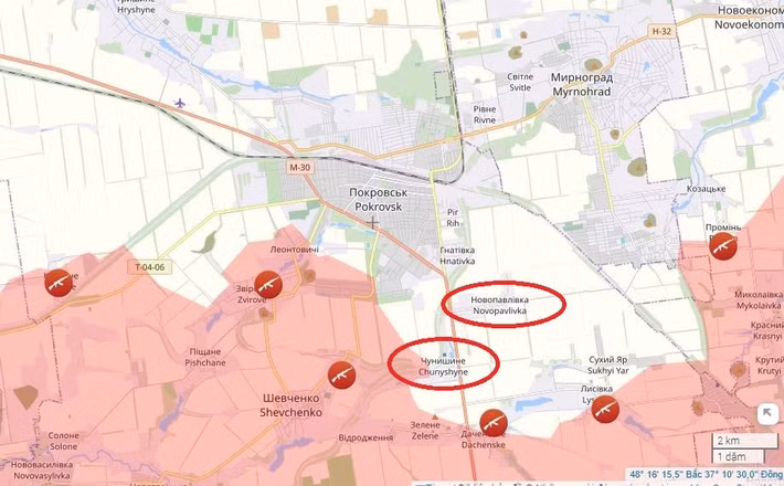 Theo các thông tin của truyền thông châu Âu ngày 23/9, lực lượng Nga ở khu vực phía nam thành phố Pokrovsk, đã chọc thủng thành công hệ thống phòng thủ của Ukraine tại làng Chunyshyne và tiến vào làng Novopavlivka từ phía nam.