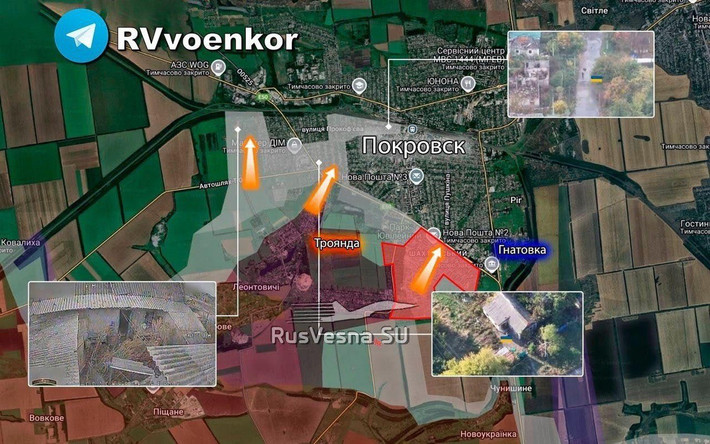 Tại cánh tây Pokrovsk, RFAF tăng cường các hoạt động đột kích trong và xung quanh thành phố, đạt thêm nhiều tiến triển ở 3 khu vực khác nhau. Ở phía đông nam, họ tập trung dọc theo tuyến đường sắt phía bắc làng Chunyshyne và tiến vào làng Novopavlivka. Quân Nga tiến về phía đông dọc theo đại lộ chính, kiểm soát hầu hết ngôi làng và đẩy quân Ukraine lùi về phía đông bắc.