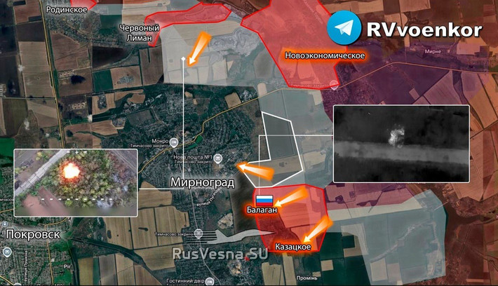 Kênh RVvoenkor nhận định, RFAF đã thu hẹp đáng kể vòng vây, siết chặt quân Ukraine trong thành phố. Phóng viên chiến trường kỳ cựu Marat Khairullin cho biết, sau khi giành được khu định cư Kozatske ở phía đông Myrnohrad hôm 13/10, chỉ trong vòng một ngày tiếp theo, quân Nga đã kiểm soát thêm làng Balahan nằm ở phía bắc Kozatske.