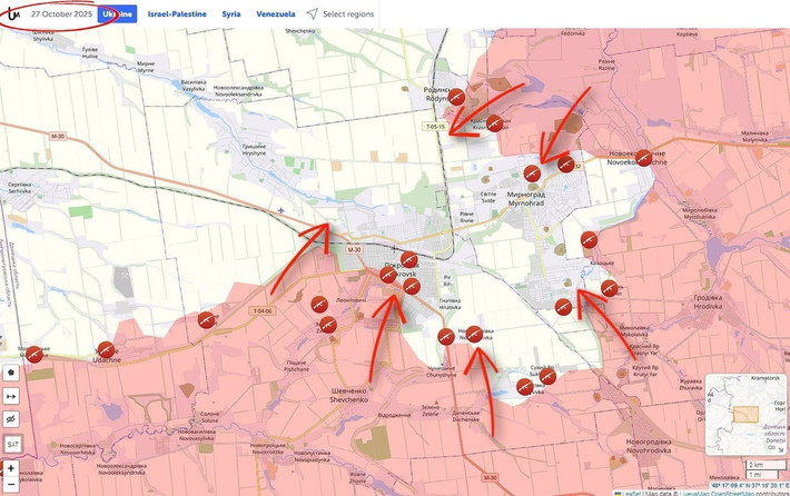 Kênh Military Summary cho biết, vòng vây lớn hình thành ở hướng Pokrovsk vào mùa hè năm 2025 đã dần bị RFAF siết chặt trong những tháng tiếp theo xung quanh khu vực Pokrovsk-Mirnograd. Các đơn vị Nga tiếp tục gây sức ép lên quân phòng thủ Ukraine, và dần dần, nó trở thành một nút thắt, với mục tiêu trở thành một cái vạc, tức là một vòng vây toàn diện.