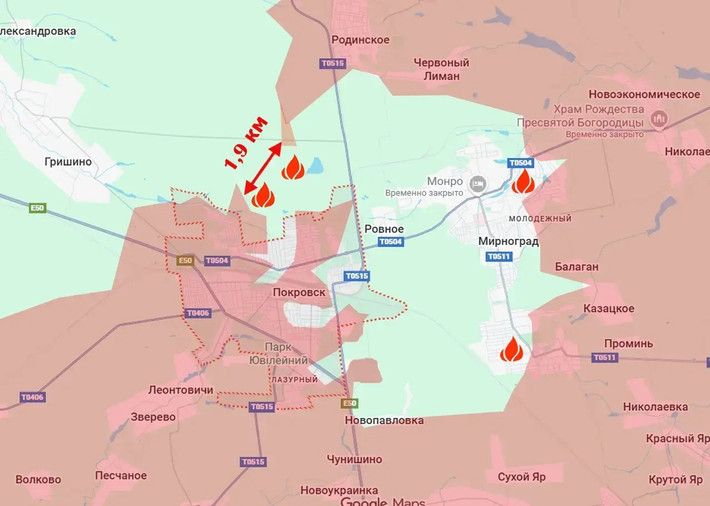 Cùng lúc đó, quân Ukraine được quan sát thấy đang rút từ khu đô thị Mirnohrad, đầu tiên là đến khu đô thị Pokrovsk, rồi sau đó hướng đến cùng một "nút thắt" (hành lang hẹp) mà lực lượng Nga đã giăng ra. Lực lượng Ukraine tiếp viện qua thành phố cũng phải qua lối này.