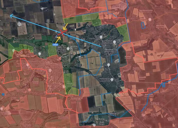 Các đơn vị tấn công của Cụm quân Trung tâm đã tiến công từ đường Shmidta ở phía bắc thành phố, cách khu định cư Dinasovy khoảng một km rưỡi và củng cố vị trí trên đường Molodezhnaya, thuộc vùng ngoại ô phía bắc của Pokrovsk.