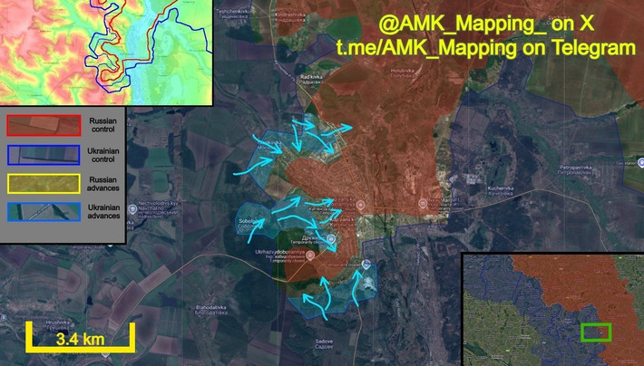 Đồng thời, tình hình ở phía nam Kupyansk vẫn còn chìm trong "màn sương chiến tranh". Trước đây, khu vực này do quân đội Nga chiếm giữ, nhưng sau đó quân đội Ukraine đã khôi phục được vị trí, chiếm lại một phần Zagryzovo và New Kruglikovka.