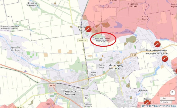 Liên quan đến các hành động tác chiến của hai bên tại Pokrovsk, quân đội Nga (RFAF) gần đây đã chiếm được làng Chervonyi (Krasnyi) Lyman ở ngoại ô phía bắc, tạo một lợi thế đáng kể cho quân Nga trên mặt trận phía bắc; tạo điều kiện thuận lợi hơn để RFAF tấn công thị trấn Rodinske ở phía tây.