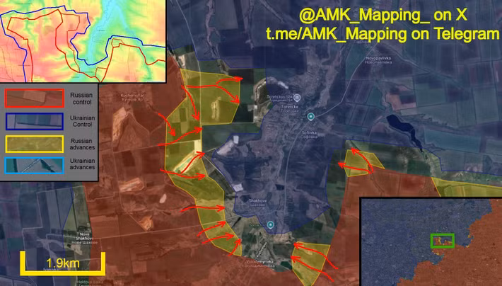 Trong khi đó, quân Ukraine đang cố gắng cắt đứt điểm nhô Dobropilya trên mặt trận phía bắc; còn RFAF tiếp tục tiến về phía các làng Vladimirivka và Sofiivka, trong khi giao tranh tại làng Nove Sakhove vẫn bế tắc. Đáng chú ý, một số đội đặc nhiệm Nga đã được phát hiện hoạt động ở các vùng ngoại ô phía tây, tây nam và phía nam của Pokrovsk, chủ yếu trinh sát và phá hoại.