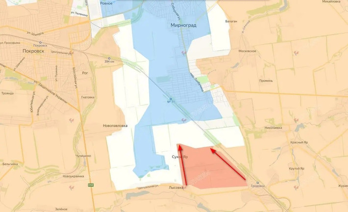 Kênh Rybar cho biết, các đơn vị xung kích của Tập đoàn quân 51, Cụm quân Trung tâm RFAF, đã tiến công đột phá từ phía nam Myrnohrad, giành quyền kiểm soát hoàn toàn ngôi làng Sukhoi Yar. Truyền thông Nga cũng đồng loạt đưa tin và Bộ Quốc phòng Nga cũng đã xác nhận thông tin này.