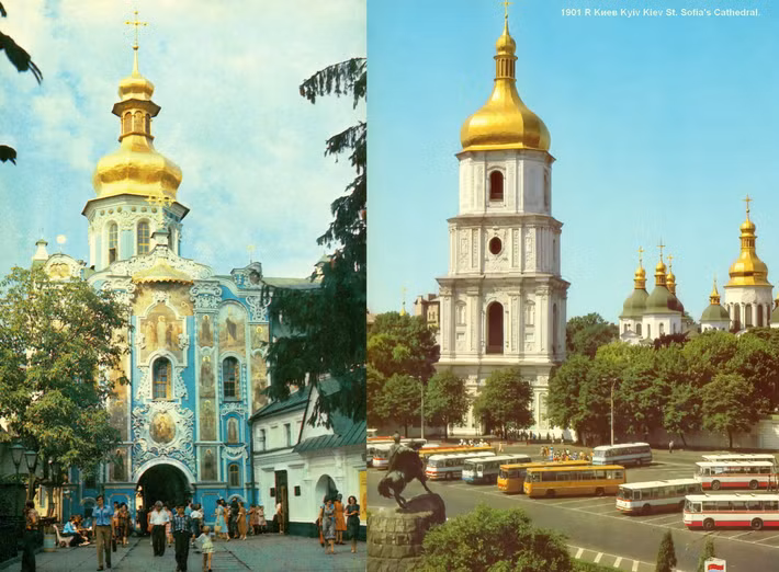 Cổng nhà thờ Chúa Ba Ngôi, Kiev-Pechersk Lavra, thế kỷ 12-18 (trái) và tháp chuông nhà thờ Chính tòa St. Sofia, thế kỷ 11 - ngày nay là Di sản văn hóa thế giới (phải).