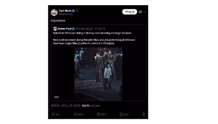 Tỷ phú công nghệ đã chia sẻ lại đoạn video kèm bình luận ngắn gọn “Impressive”, một lời khen hiếm hoi dành cho công nghệ đối thủ.
