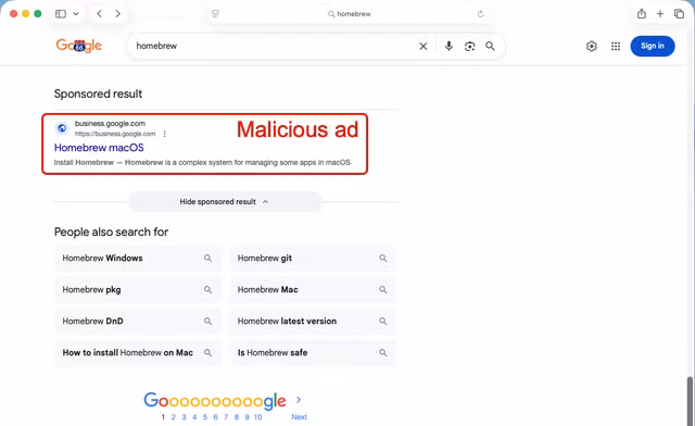 Theo các chuyên gia bảo mật, kẻ tấn công đã mua quảng cáo hiển thị trên Google Search, dẫn người dùng tìm kiếm công cụ Homebrew tới một trang giả mạo được đặt ngay trên nền tảng Google Sites.