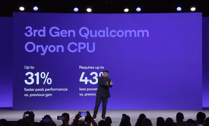 Tuyên bố này đương nhiên cũng có những cơ sở của riêng Qualcomm. Công ty tuyên bố chip 3nm của họ cung cấp hiệu năng CPU nhanh hơn tới 31% so với Snapdragon X Elite thế hệ trước ở cùng mức công suất, hoặc có thể tiêu thụ ít hơn 43% công suất, và hiệu năng GPU trên mỗi watt cao hơn tới 2,3 lần (không phải là sự gia tăng hiệu năng thuần túy) nhờ GPU 1,85 GHz mới.