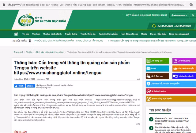 Cẩn trọng với thông tin quảng cáo sản phẩm Tengsu trên website giả mạo Can trong voi thong tin quang cao san pham Tengsu tren website gia mao
