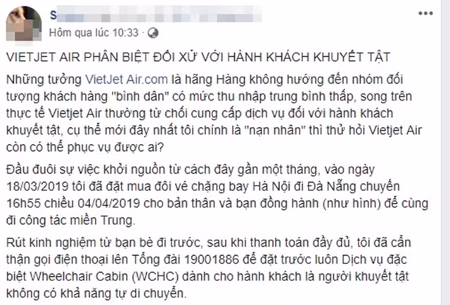 Nghi vấn Vietjet Air bị “tố” từ chối hành khách khuyết tật? Nghi van Vietjet Air bi “to” tu choi hanh khach khuyet tat?