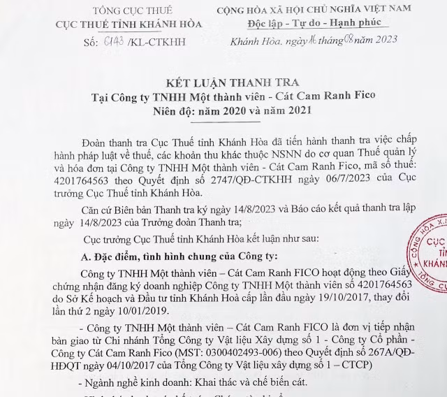 Cong ty Cat Cam Ranh Fico vi pham linh vuc thue
