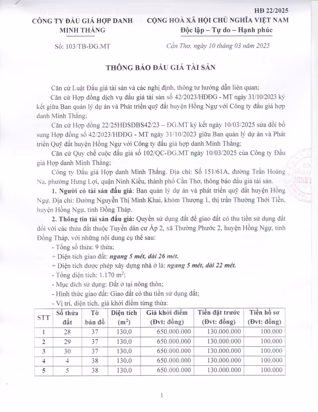 Dong Thap dau gia 9 thua dat tai huyen Hong Ngu, gia khoi diem 650 trieu dong/lo