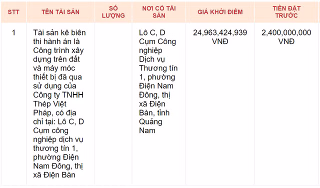 Đấu giá tài sản kê biên thi hành án của Thép Việt Pháp Dau gia tai san ke bien thi hanh an cua Thep Viet Phap