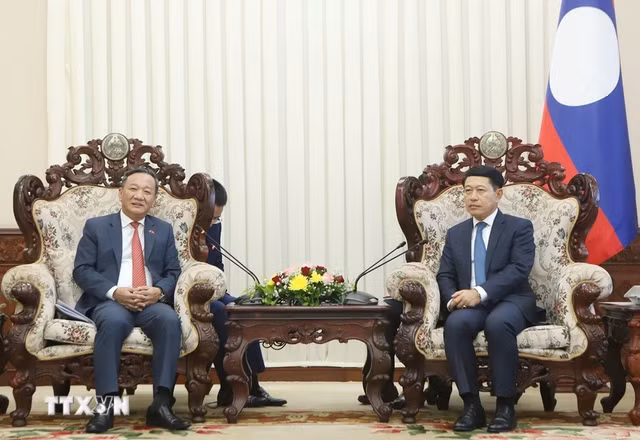 Thủ tướng Chính phủ Lào Saleumxay Kommasitt tiếp Đại sứ Việt Nam tại Lào Nguyễn Minh Tâm đến chúc mừng. (Ảnh: Xuân Tú/TTXVN)